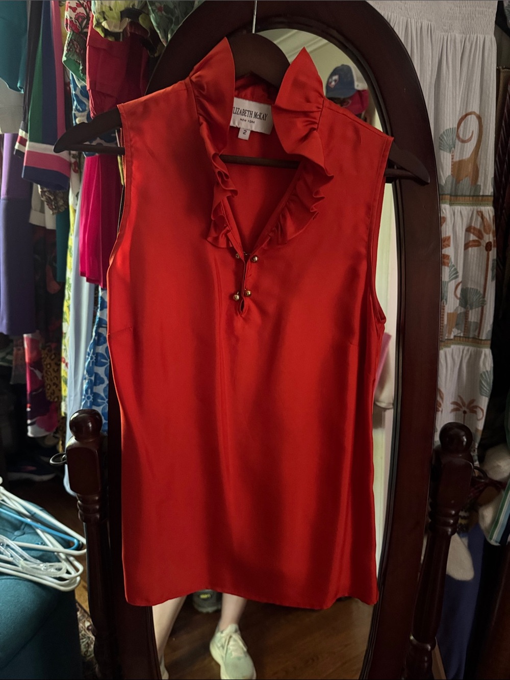 Elizabeth McKay Red-Orange Ruffle V-Neck Sleeveless Top